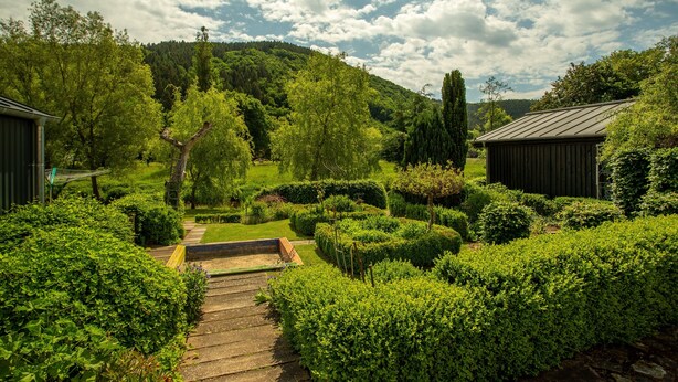 Un jardín bien cuidado con un sendero de madera que lleva a un banco, rodeado de setos y árboles cuidadosamente podados.