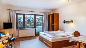 A bedroom with a bed, a TV, a window with curtains, a radiator, and a wooden wardrobe. - Apartment "Haus Excelsior Top 3" with Mountain View, Balcony & Wi-Fi (Seefeld in Tirol)
