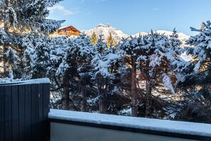 A snow-covered landscape with a mountain in the background and a building with a wooden facade. - Apartment "Haus Excelsior Top 3" with Mountain View, Balcony & Wi-Fi (Seefeld in Tirol)