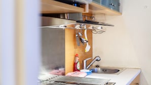 Une cuisine équipée d’un évier en acier inoxydable, d’un égouttoir et d’une bouteille de liquide vaisselle.