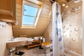 Shower, hair dryer, towels