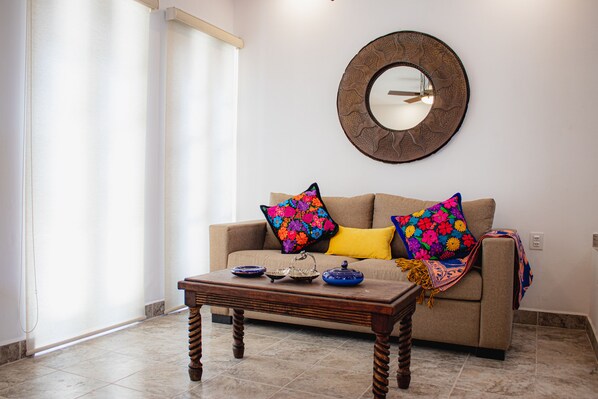 42-inch flat-screen TV with cable channels, TV, pay films