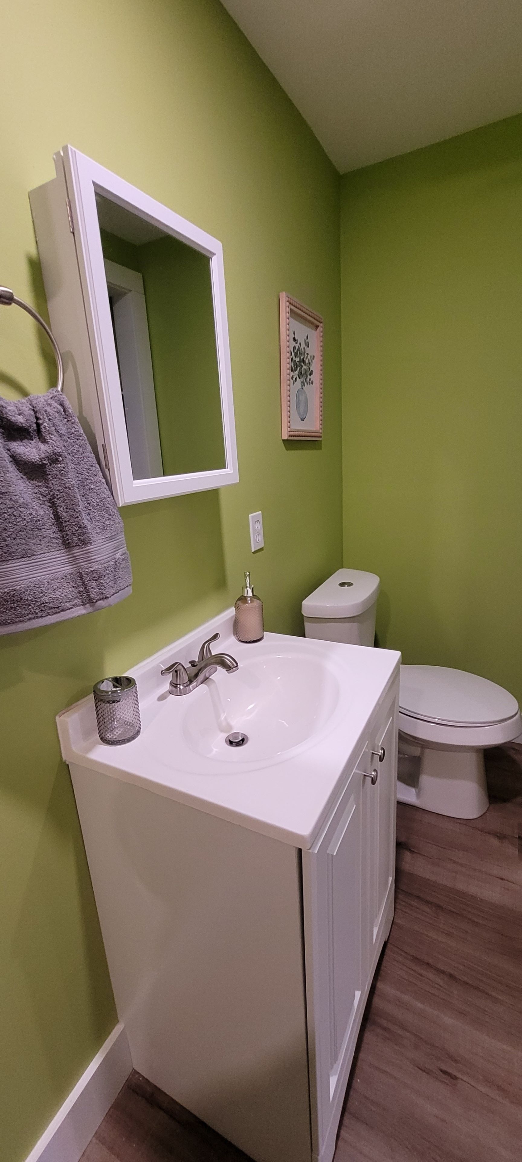 Une salle de bain avec un lavabo blanc, un miroir et des toilettes, le tout sur un fond de murs verts.