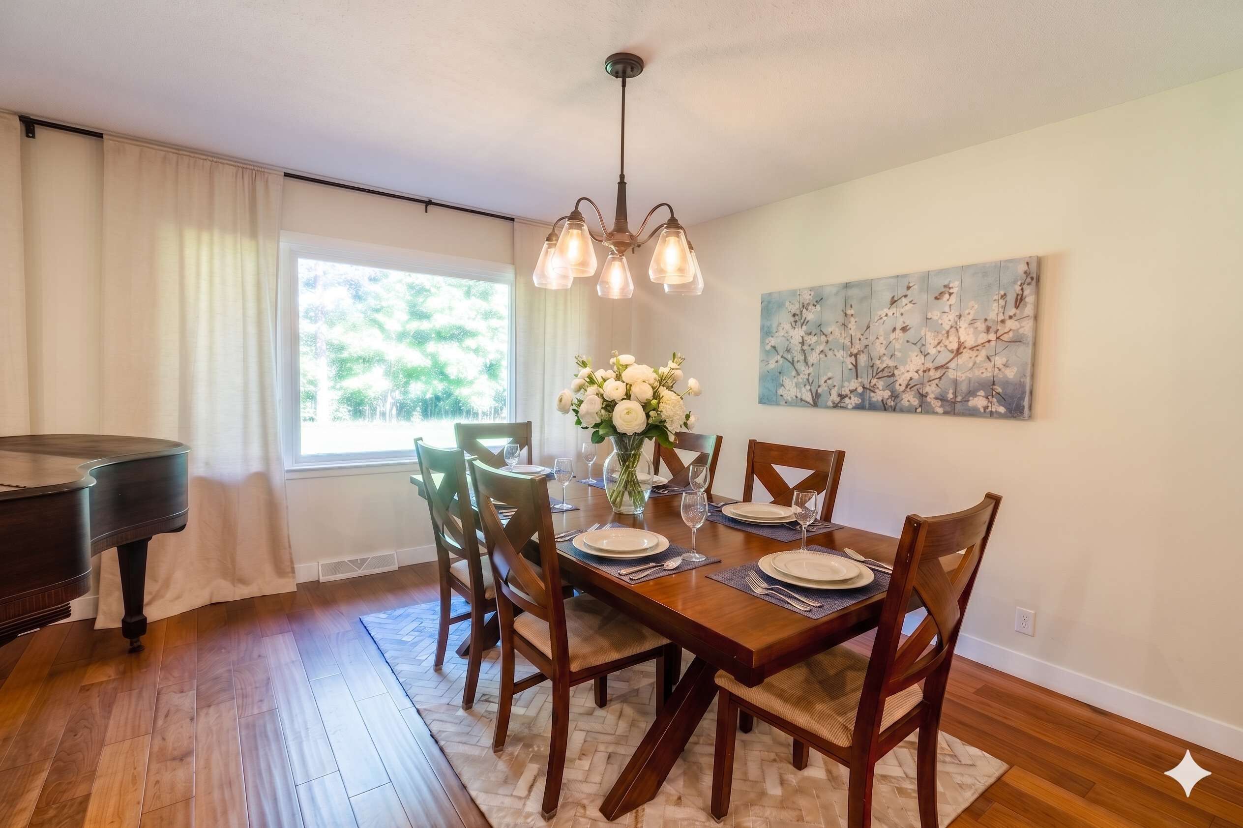 Comedor con mesa de madera para cuatro personas, un piano y un gran ventanal con cortinas.