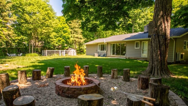 A backyard with a fire pit, wooden stumps, and a bag of marshmallows. - Stunning Ranch in the woods! (Berrien Springs)