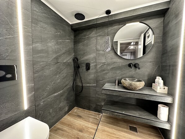Shower, hair dryer, towels