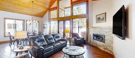 TV, fireplace, books