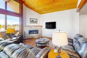 Televisión, chimenea y libros 