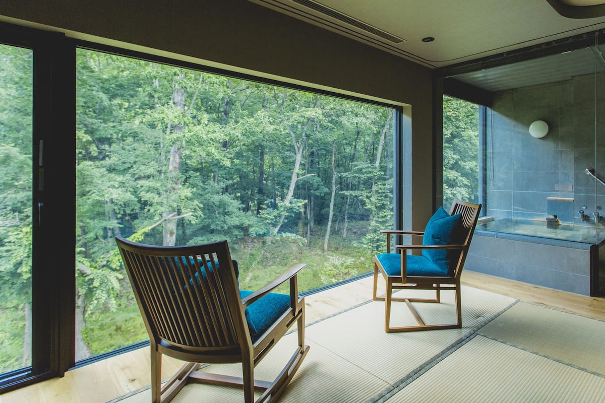 A room with large windows offering a forest view, two wooden chairs with blue cushions, and a glass shower area.