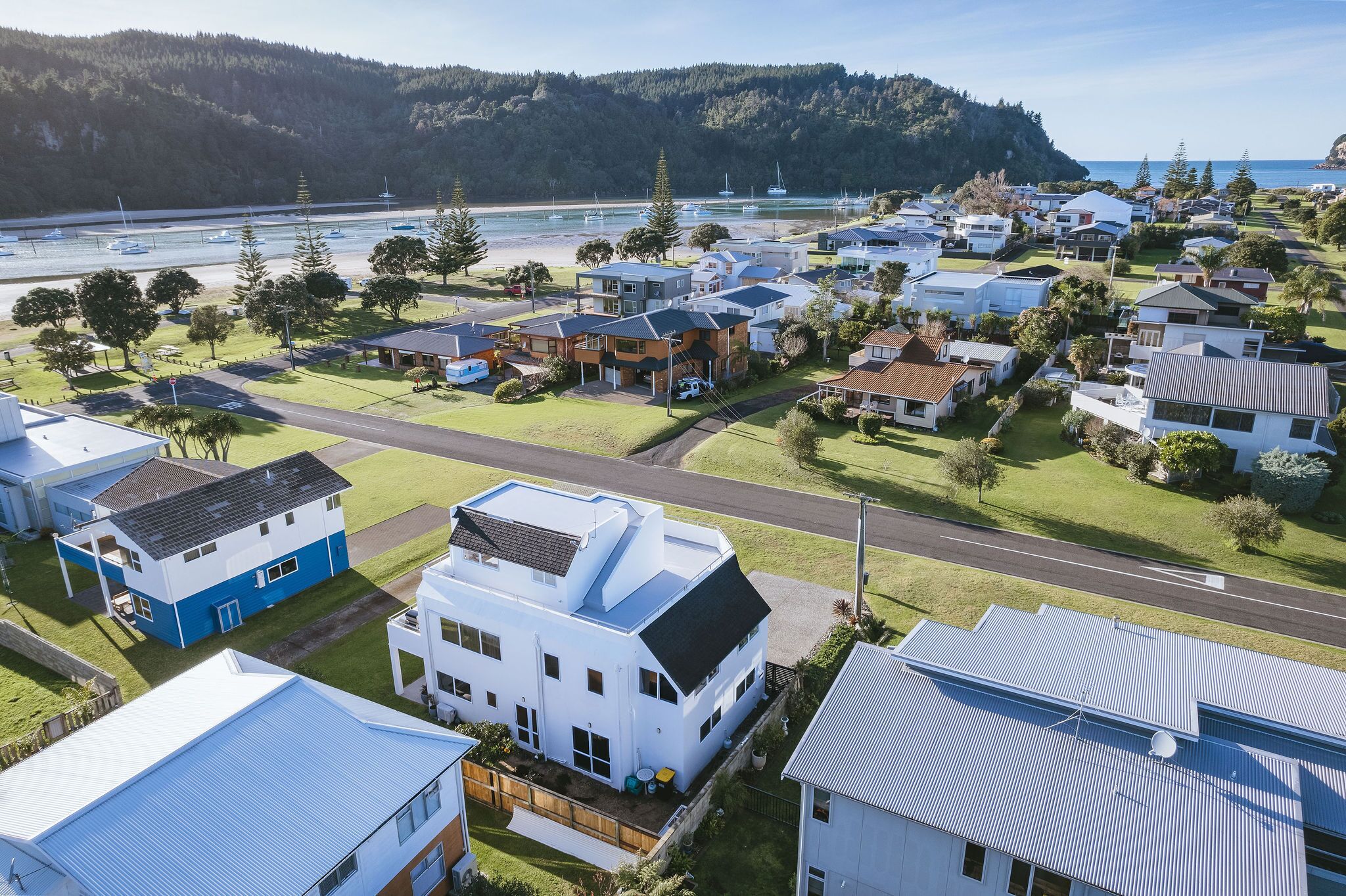 A residential area with houses, a road, and a beach in the background.