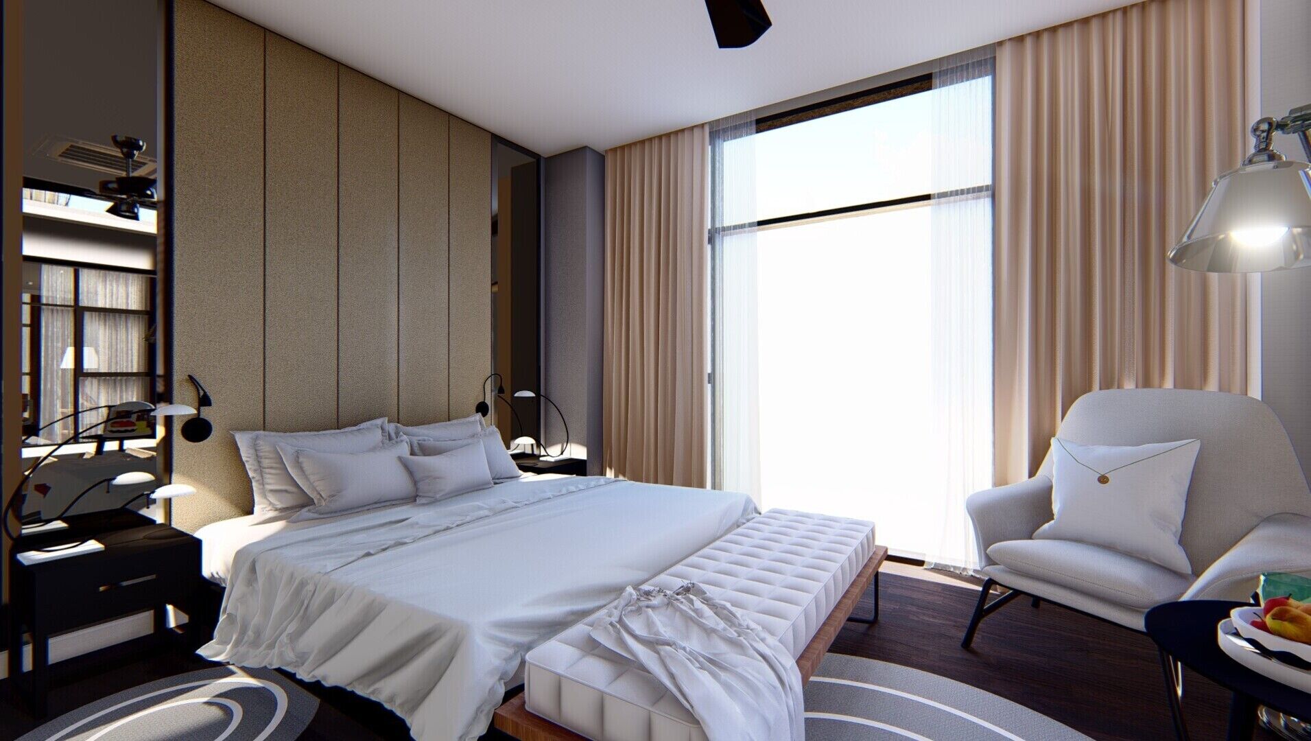 A modern hotel room with a large bed, a desk, a chair, and a large window with curtains.
