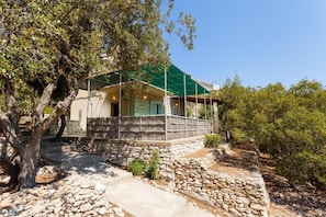 A stone-walled building with a green roof, a stone pathway, and surrounding trees.