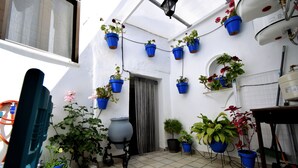 A small, enclosed patio area with potted plants and a tiled floor. - Rural house with views of the Cañón del Bailón  and in the centre of Zuheros. (Zuheros)