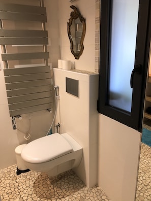 Een douche, een haardroger, handdoeken, toiletpapier