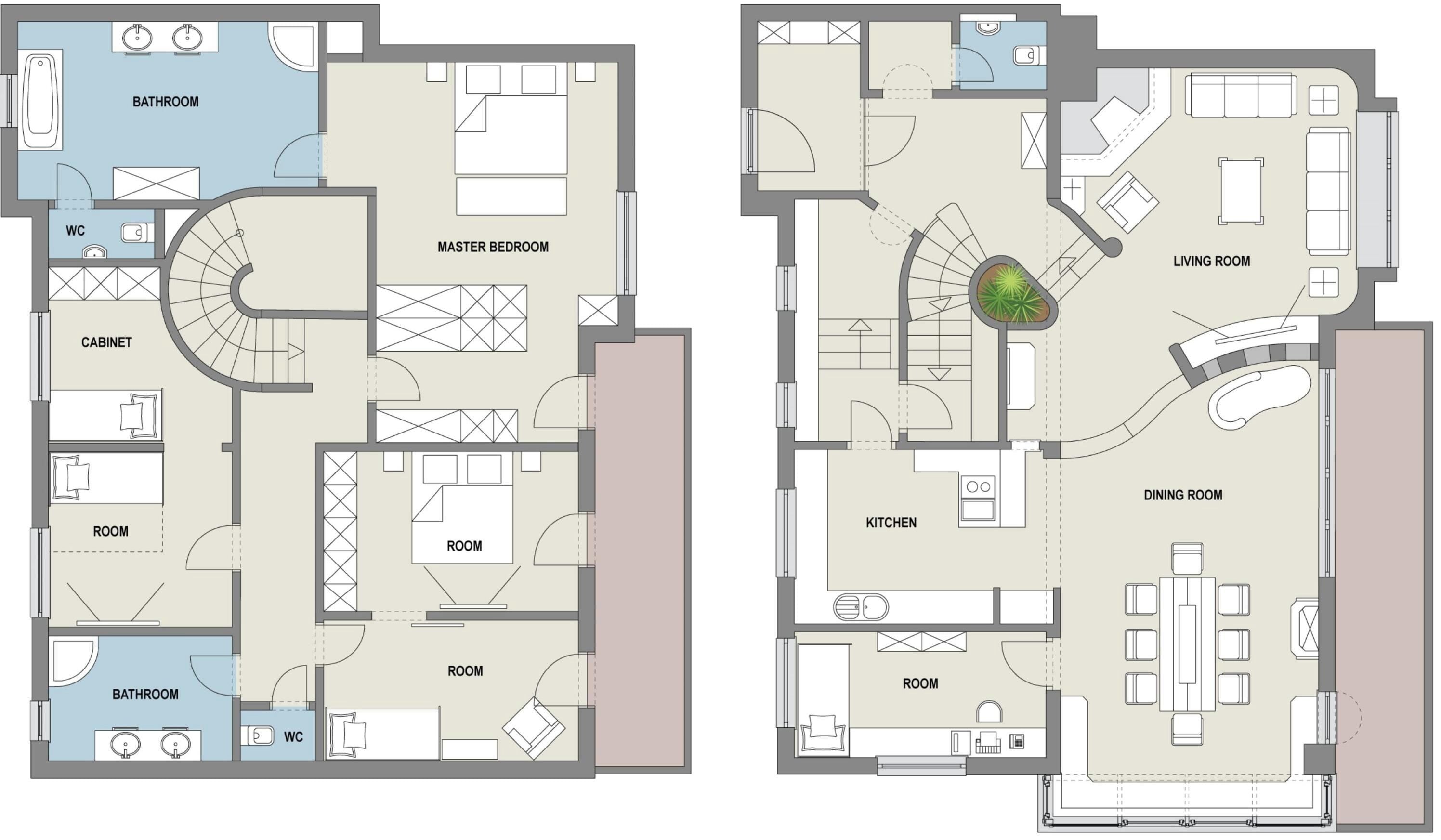 A floor plan of a hotel with a master bedroom, living room, dining room, kitchen, and multiple bathrooms.
