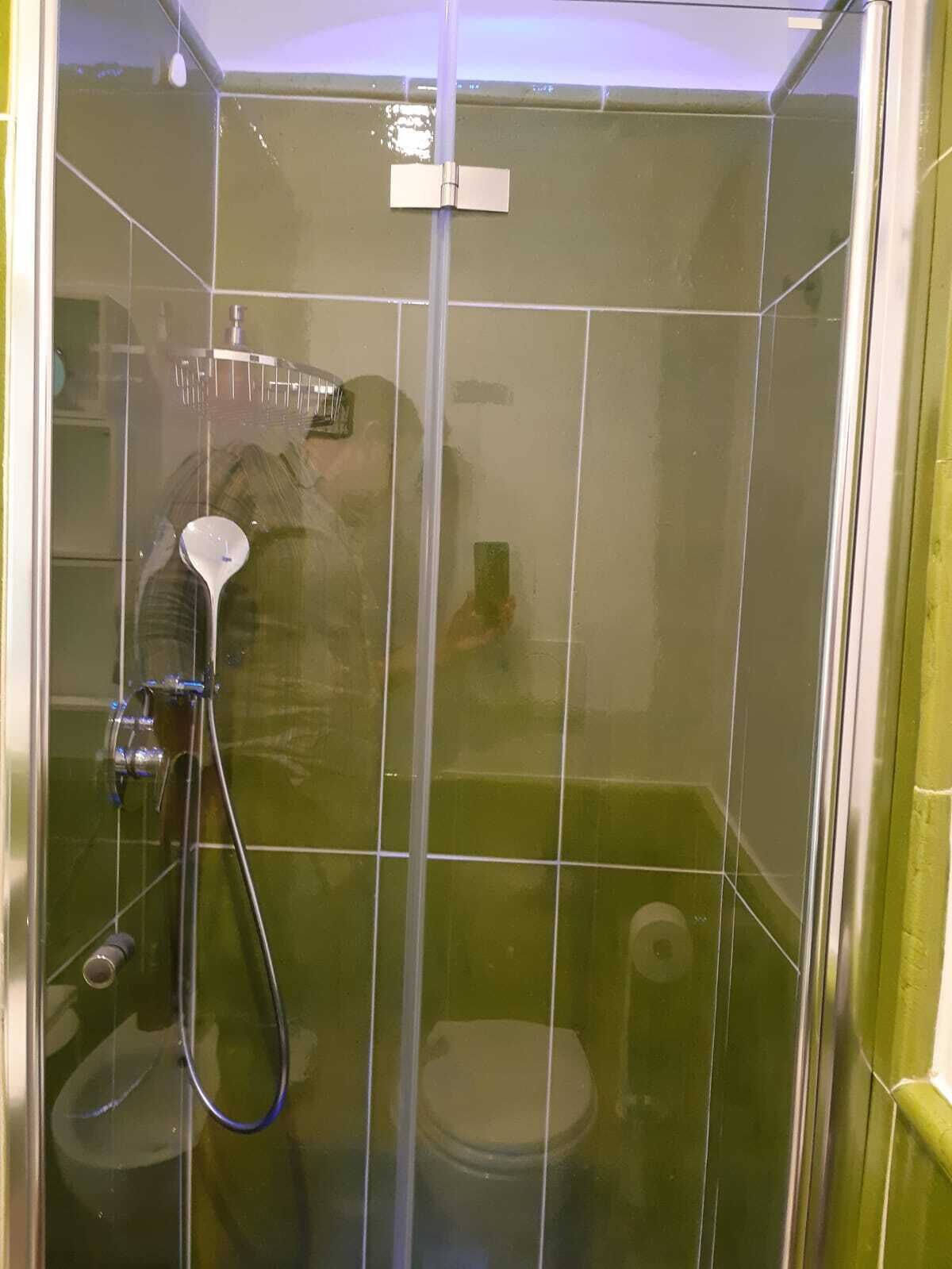 Eine Dusche mit Glaswand, einer Handbrause und einem Handtuchhalter mit Armatur.
