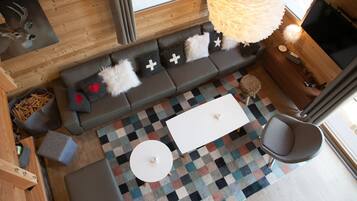Smart TV, fireplace, foosball