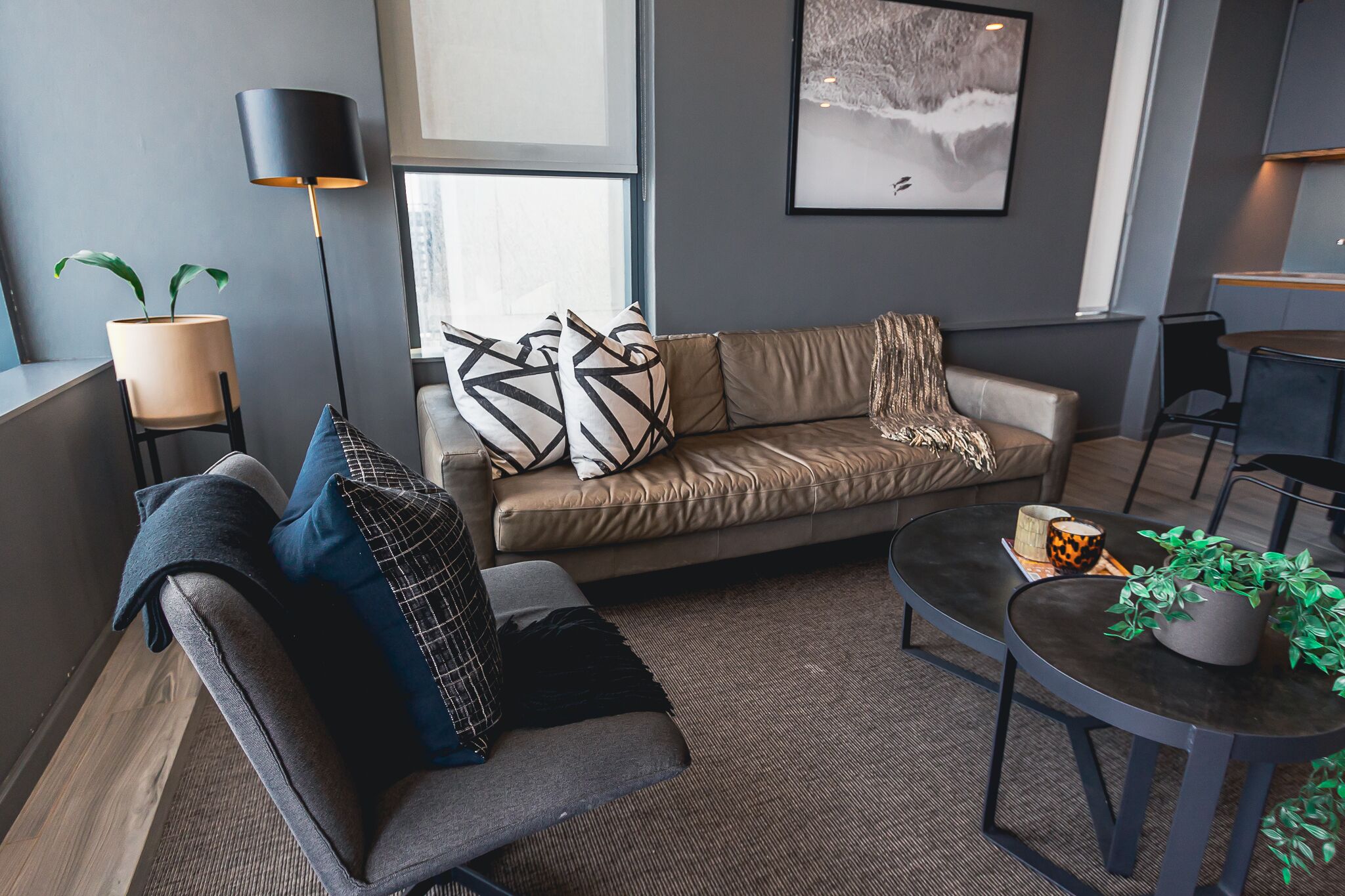 Een moderne woonkamer met een bank, fauteuil en salontafel, met een potplant en een lamp.