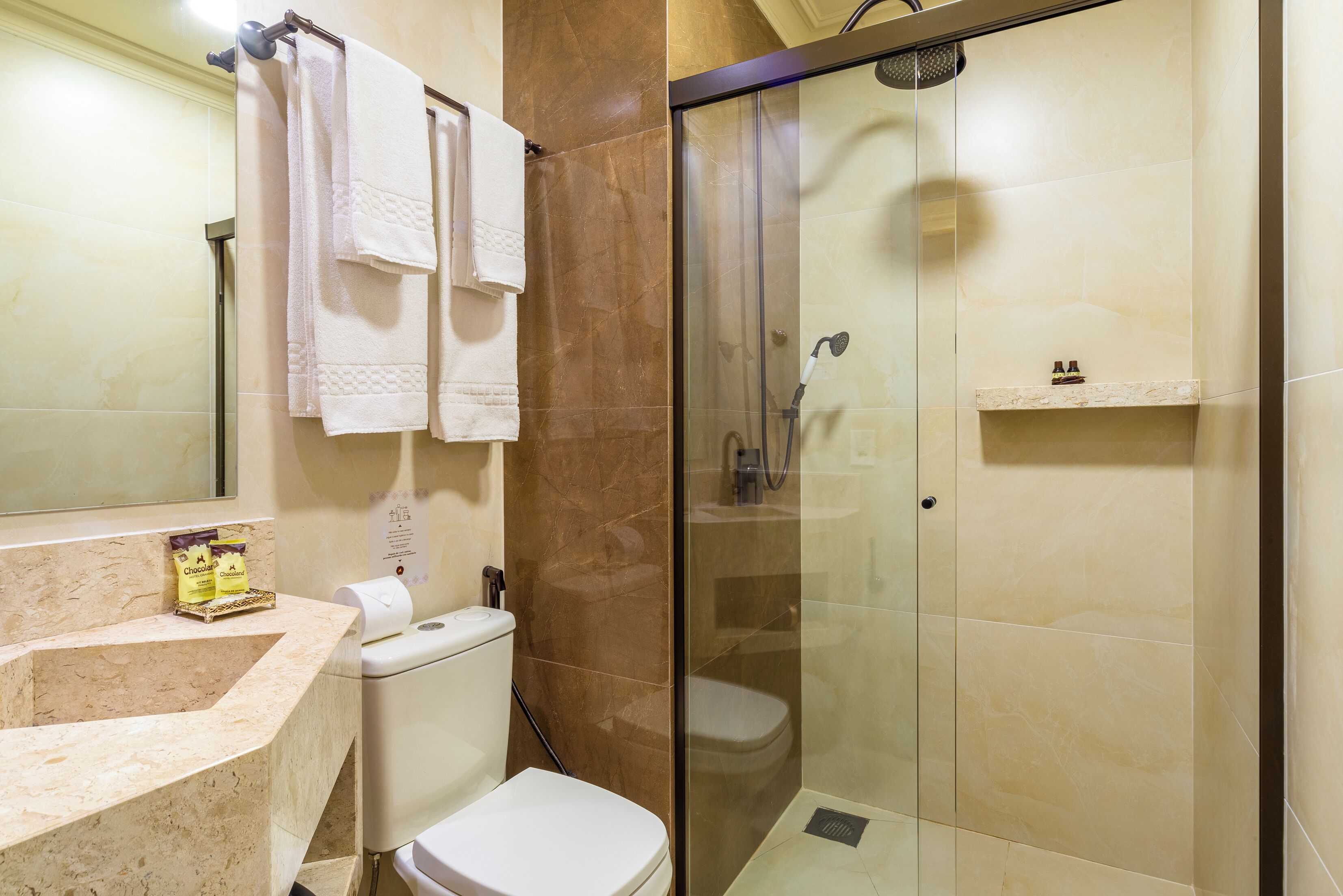 Une salle de bain équipée de toilettes, d’un lavabo et d’une douche à parois de verre.