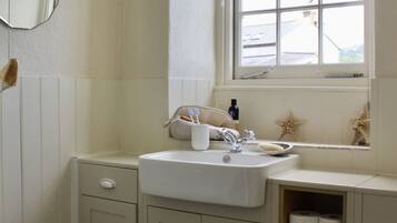 Combined shower/bathtub, hair dryer, soap, toilet paper