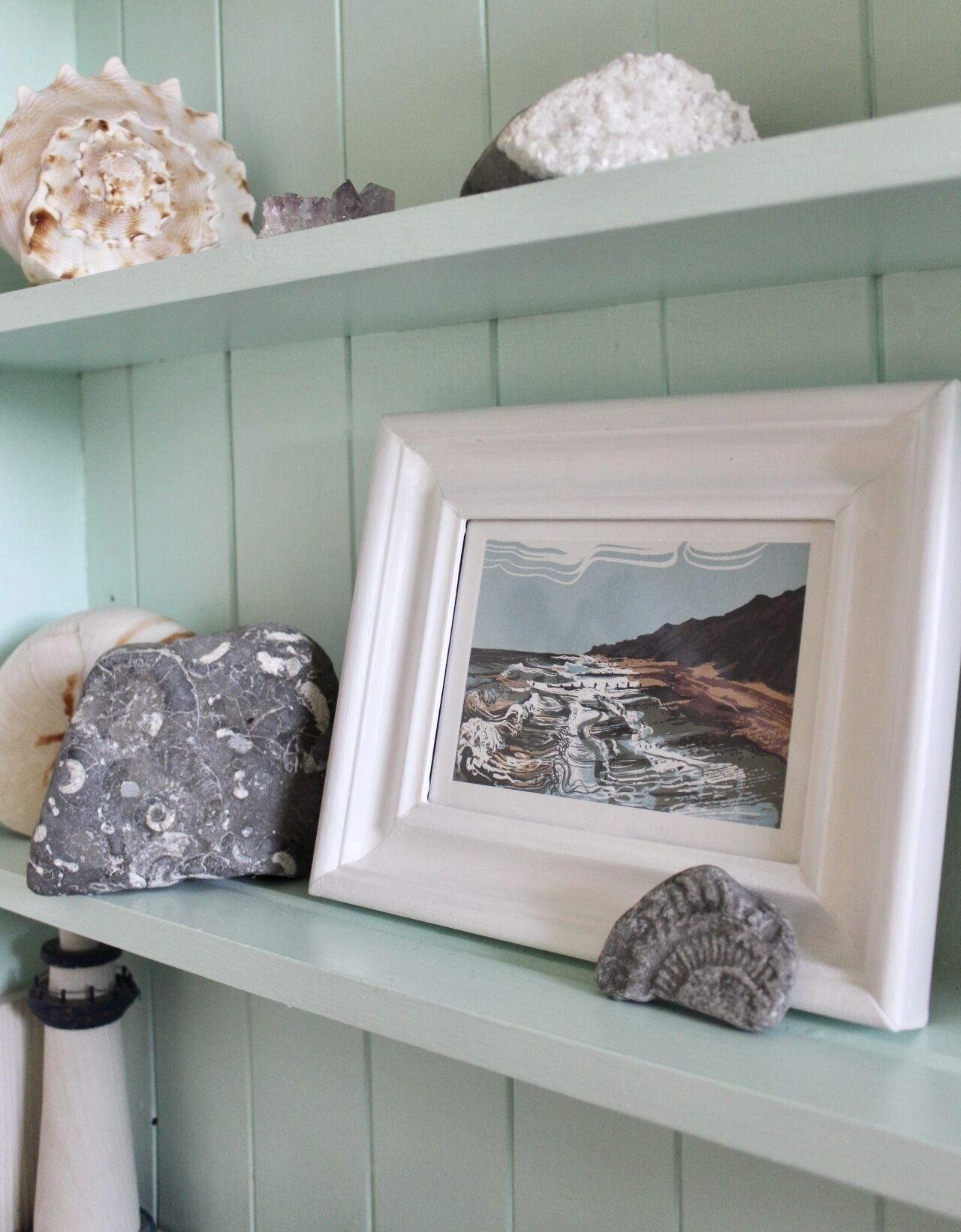 A shelf with various seashells and a framed picture of a coastal landscape.