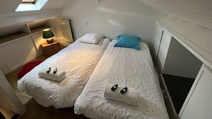 A small, cozy room with two single beds, a skylight, a small table with a lamp, and a red rug. - Biarritz - Beaurivage - Proche côte des Basques (Biarritz)