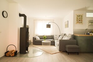 Smart TV, fireplace, DVD player, books