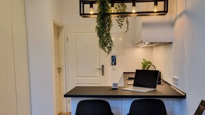 A modern kitchen with a black countertop, two black bar stools, a laptop, and a hanging plant. - Modern apartment Karlsruhe (Karlsruhe)