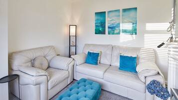 Flat-screen TV, fireplace, books, offices