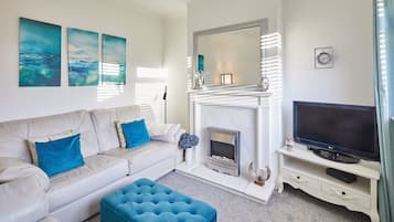 Flat-screen TV, fireplace, books, offices