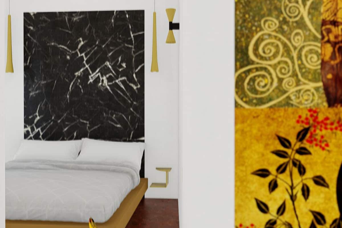 Un dormitorio con una cama, un cuadro abstracto en blanco y negro y un tapiz estampado.