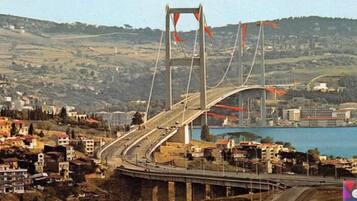 Un grand pont suspendu à plusieurs voies, entouré d’un paysage vallonné et bordé par une étendue d’eau.