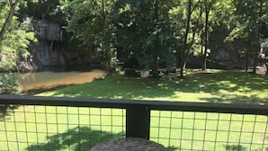 A patio with a stone table and two chairs, overlooking a grassy area with a pond and trees. - Riverfront! Private, short walk to town (Hot Springs)