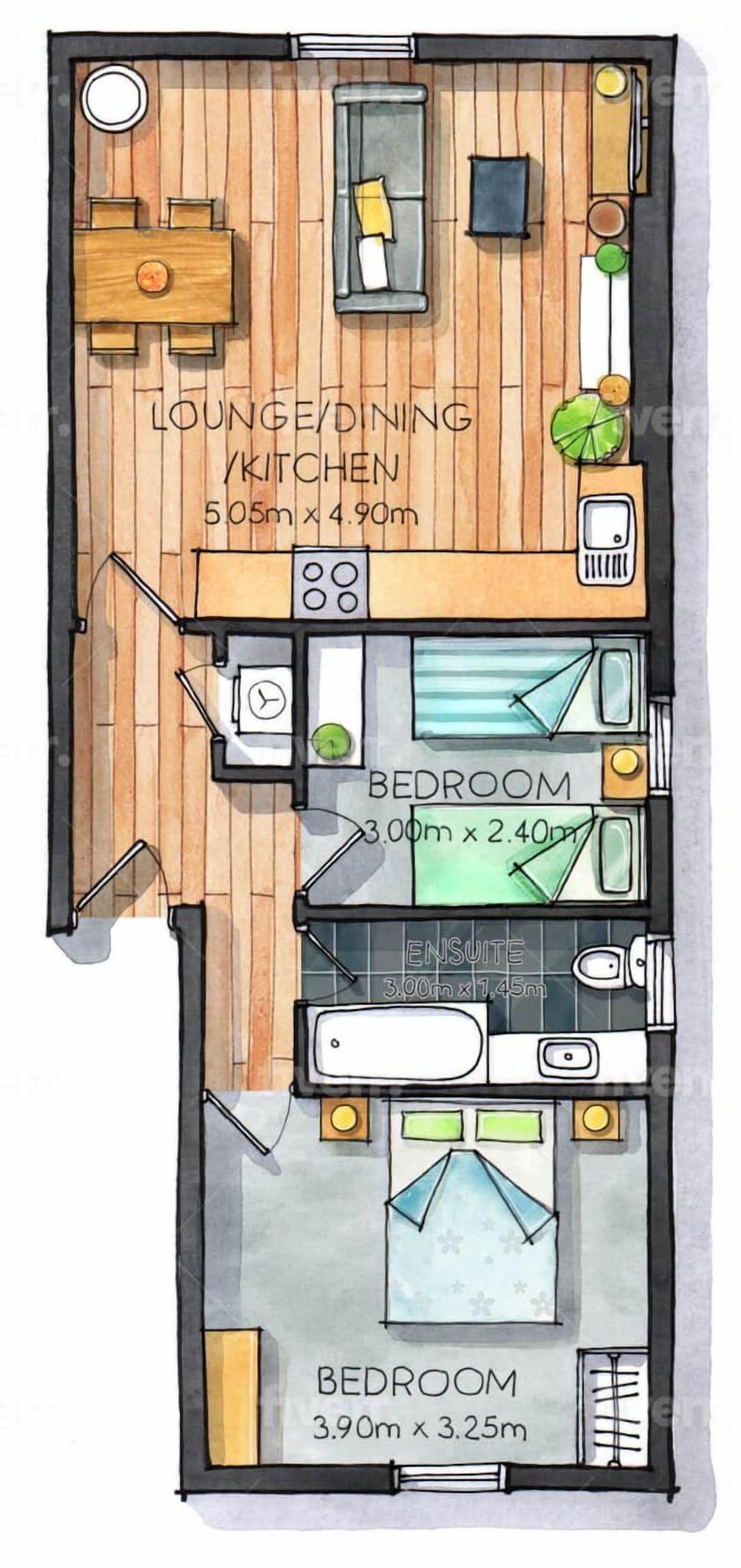 Een plattegrond van een 505m x 4,90m woon/eet/keukenruimte, met een 300m x 2,40m slaapkamer en een 3,90m x 3,25m slaapkamer.