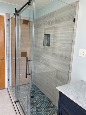 Hair dryer, towels, soap, shampoo