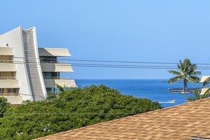 A modern building with a sloped roof and a view of the ocean.