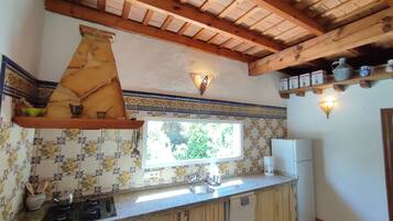 Een koelkast, een magnetron, een kookplaat, een vaatwasser