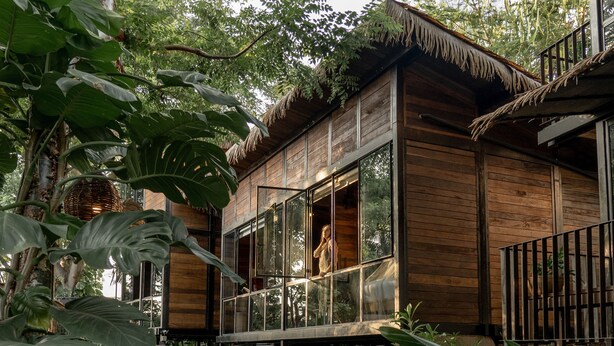 A modern wooden building with large windows and a glass balcony, surrounded by lush tropical vegetation.