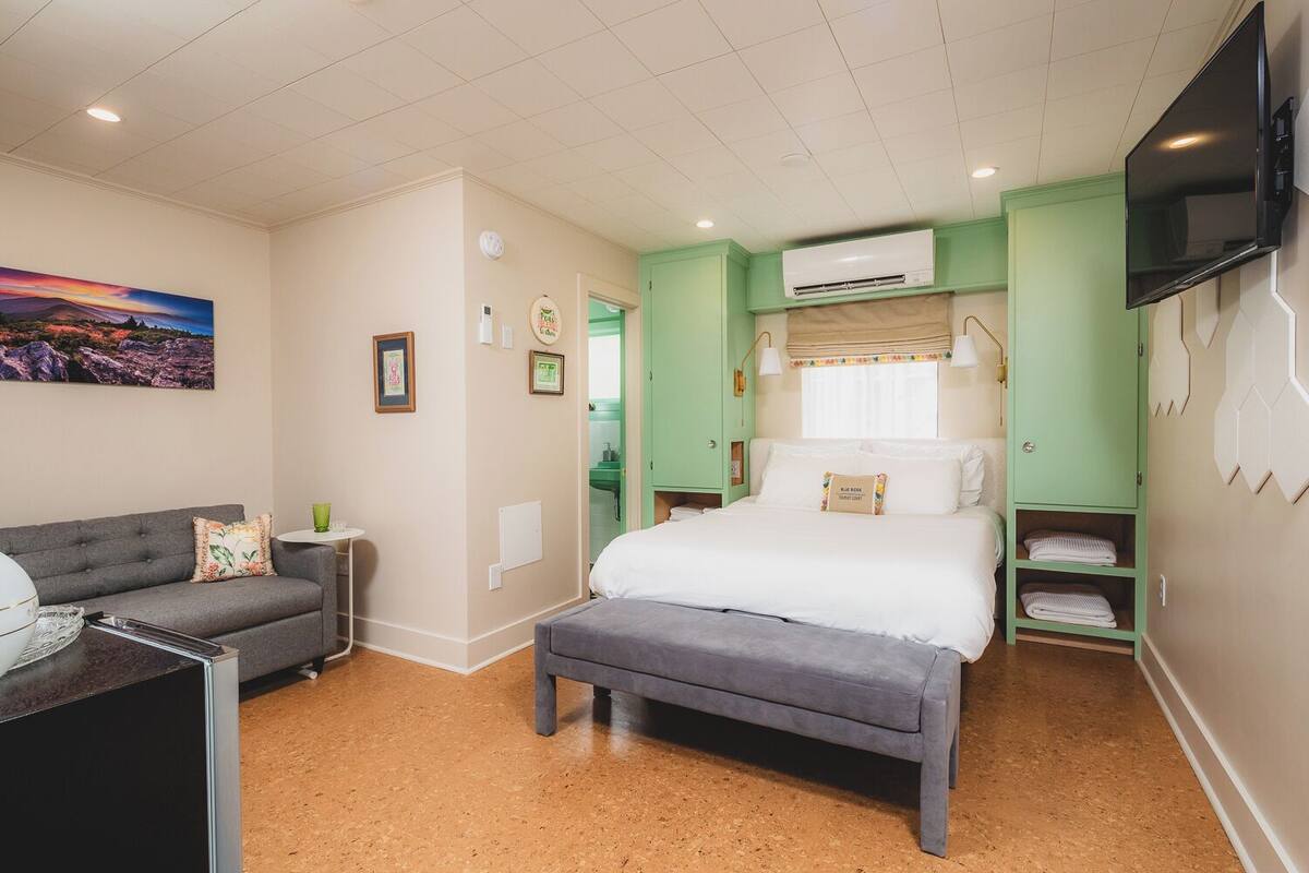 A bedroom with a bed, a sofa, a TV, and an air conditioning unit.