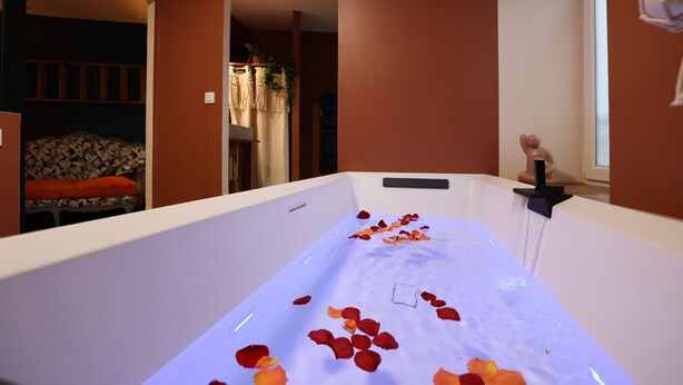 A bathtub with rose petals, a small statue, and a plant. - Duplex spa (Bagnères-de-Bigorre)