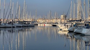 Una marina amb nombroses embarcacions de vela amarrades, aigua tranquil·la que reflecteix les barques i un perfil urbà llunyà.