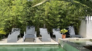 Una piscina nítida amb tres gandules i una planta en test.