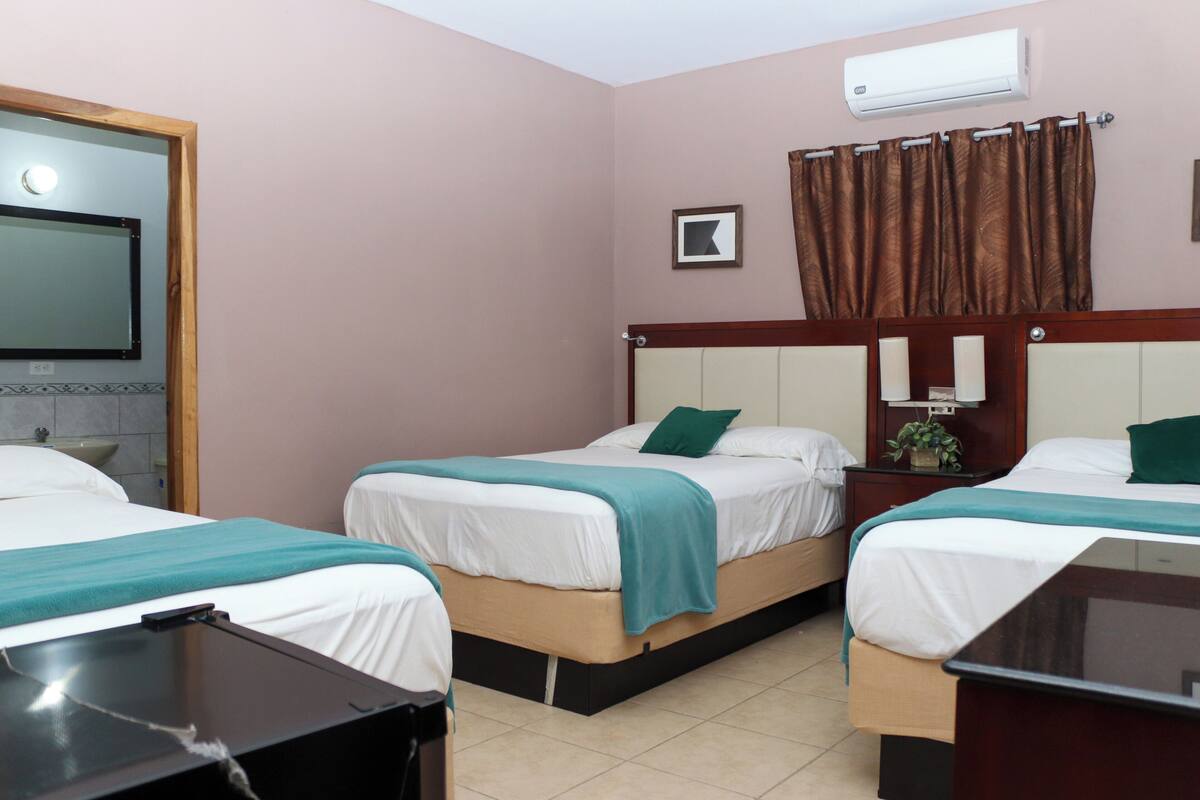 A hotel room with two beds, a desk, a mirror, a sink, and an air conditioner.