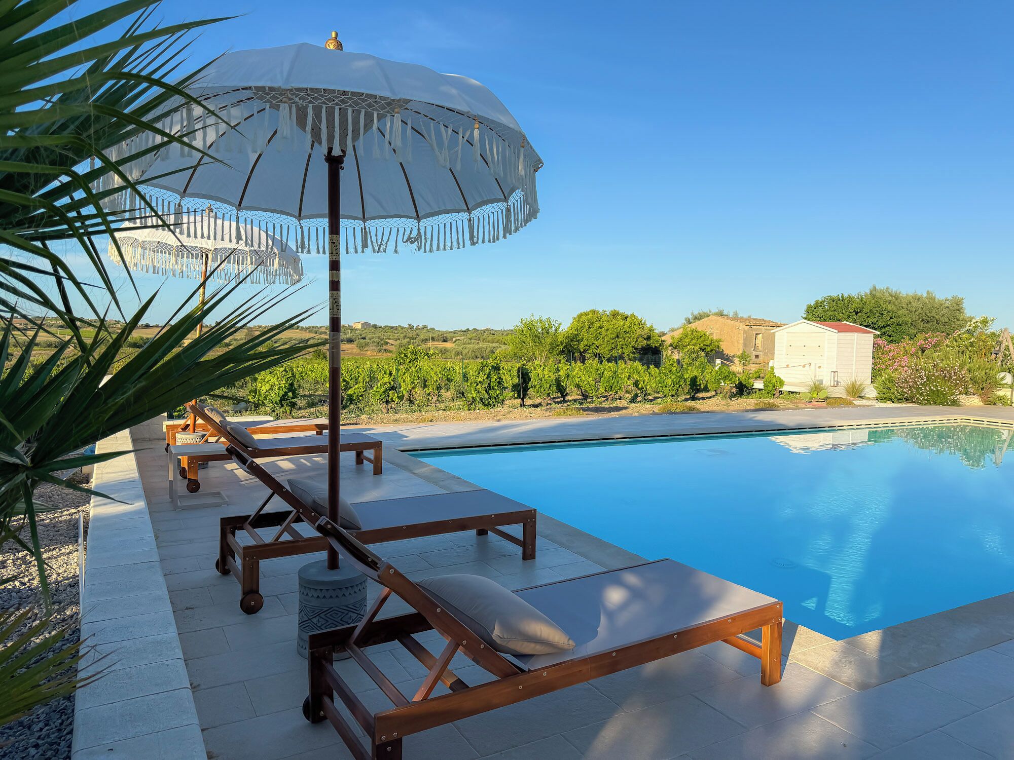 A poolside area with lounge chairs and an umbrella, surrounded by greenery and a clear sky.