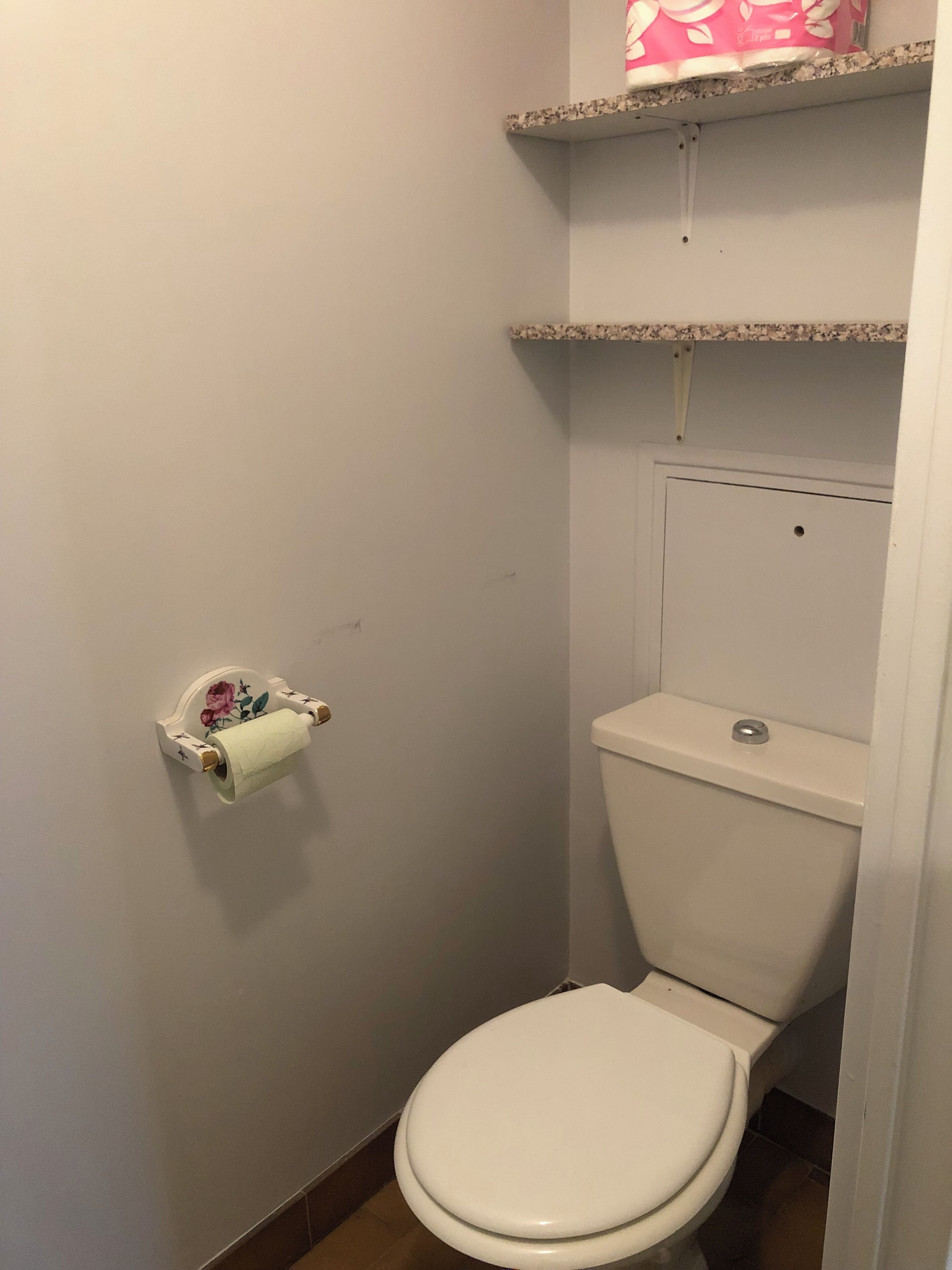 A small bathroom with a toilet, a toilet paper holder, and a shelf above the toilet.