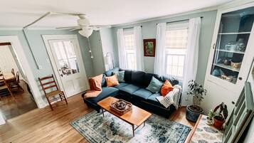 TV connectée, cheminée, livres