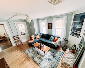 Smart TV, fireplace, books