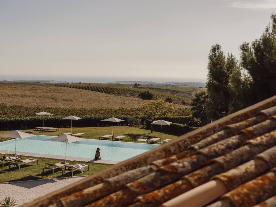 Outdoor pool, pool umbrellas, sun loungers