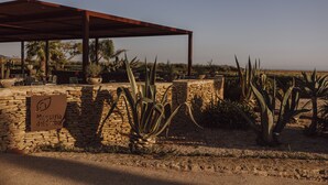 Un muro de piedra con un letrero, una zona de estar al aire libre cubierta y diversos cactus.