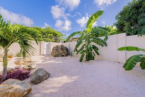 A landscaped outdoor area with a gravel ground, large rocks, and tropical plants.